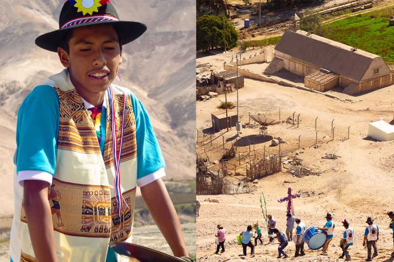 A la izquiqerda, Niño XXX con el Bombo. A la derecha, la banda y el pueblo bajando por el cerro.