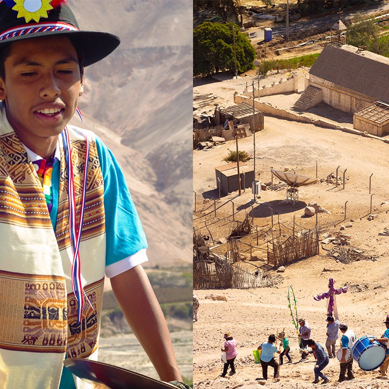 A la izquiqerda, Niño XXX con el Bombo. A la derecha, la banda y el pueblo bajando por el cerro.